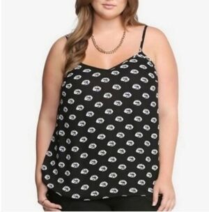 Torrid 3X Plus Size Lip Print Black&White Georgette Sheer Edgy Tank Top Blouse